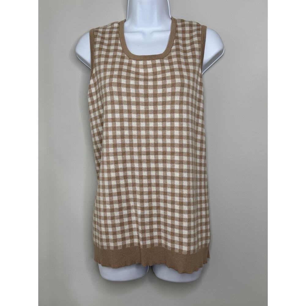 Isaac Mizrahi Live! Gingham Jacquard Sweater Tank Womens L Tan White Preppy Chic